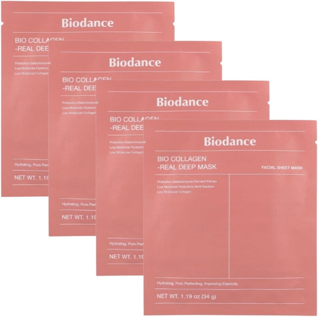 Biodance Organic Collagen Deep Face Mask, Moisturising and Firming Korean Skincare with Hyaluronic Acid, Niacinamide and Galactomycetes, 4 Sheets, 34 g